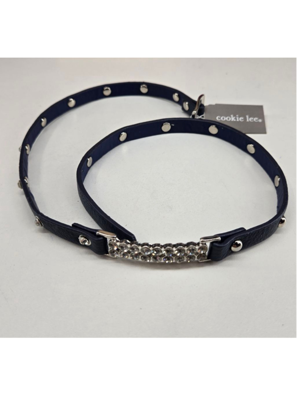Cookie Lee Bracelet NWT Navy Blue Crystal Studded Faux Leather Wrap Brutalist